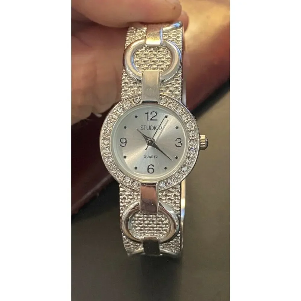 Women's 24mm silver Tone Studio Time Bangle Bracelet Watch, Crystal Accents